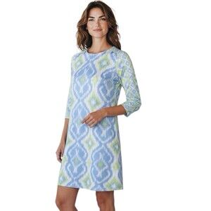 Gretchen Scott XS Leisure Knit Keyhole Neck Tie IKat Print Blue Green Dress